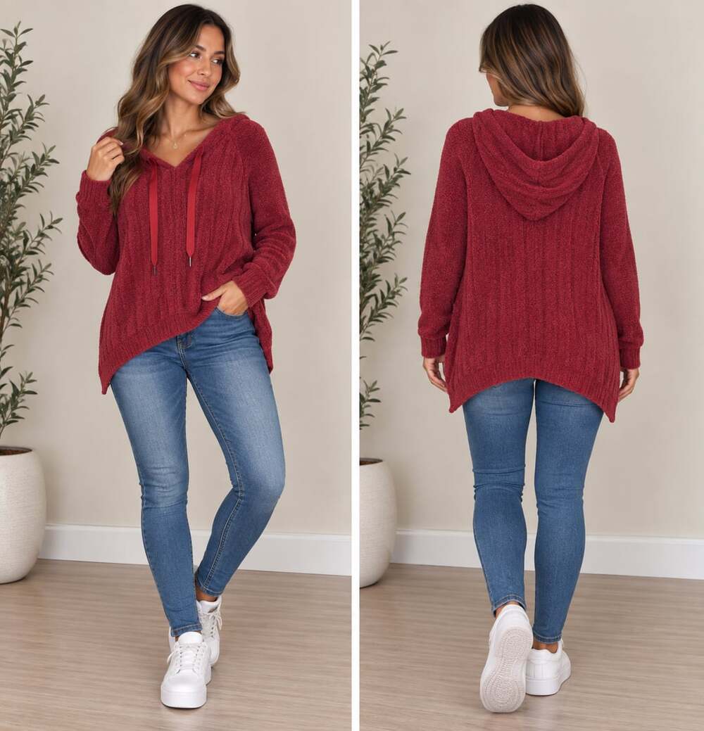 Cozycore Red Hooded Sweater Oversized Textured Knit Tunic
